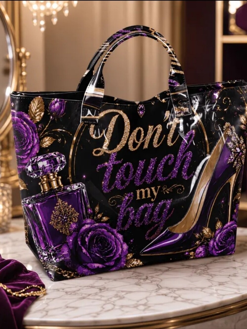 Women Dont Touch My Bag Luxury Purple Rose High Heel PVC Tote